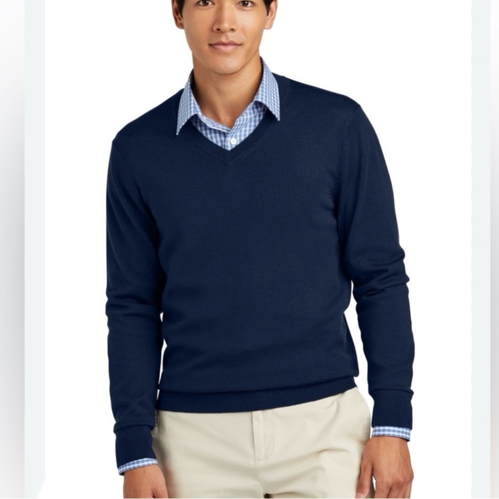Brooks‎ Brothers 100% Cotton V-Neck Long Sleeve Navy Blue Sweater M Classic
